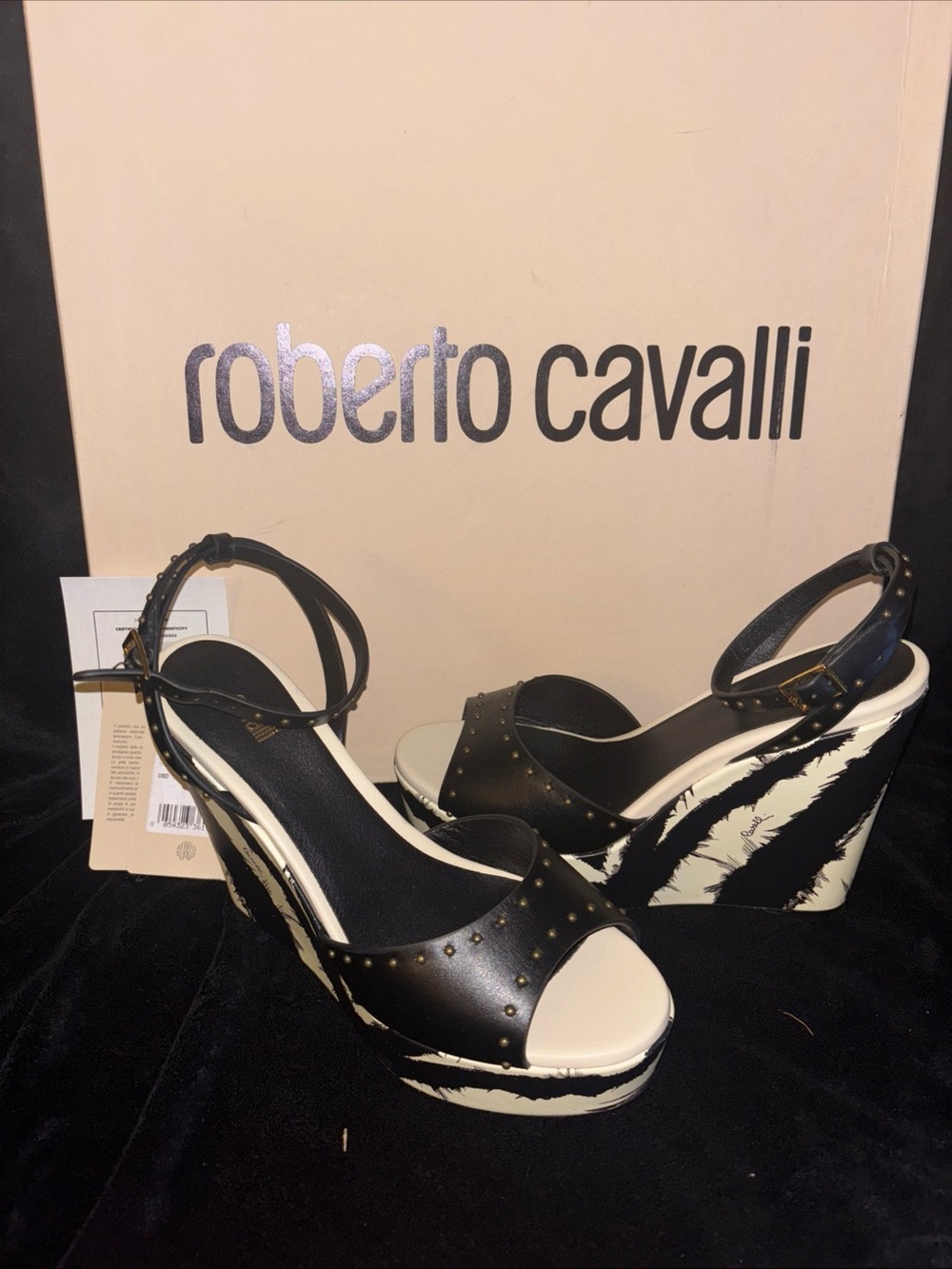 Roberto Cavalli freedom-print stud wedge NWT